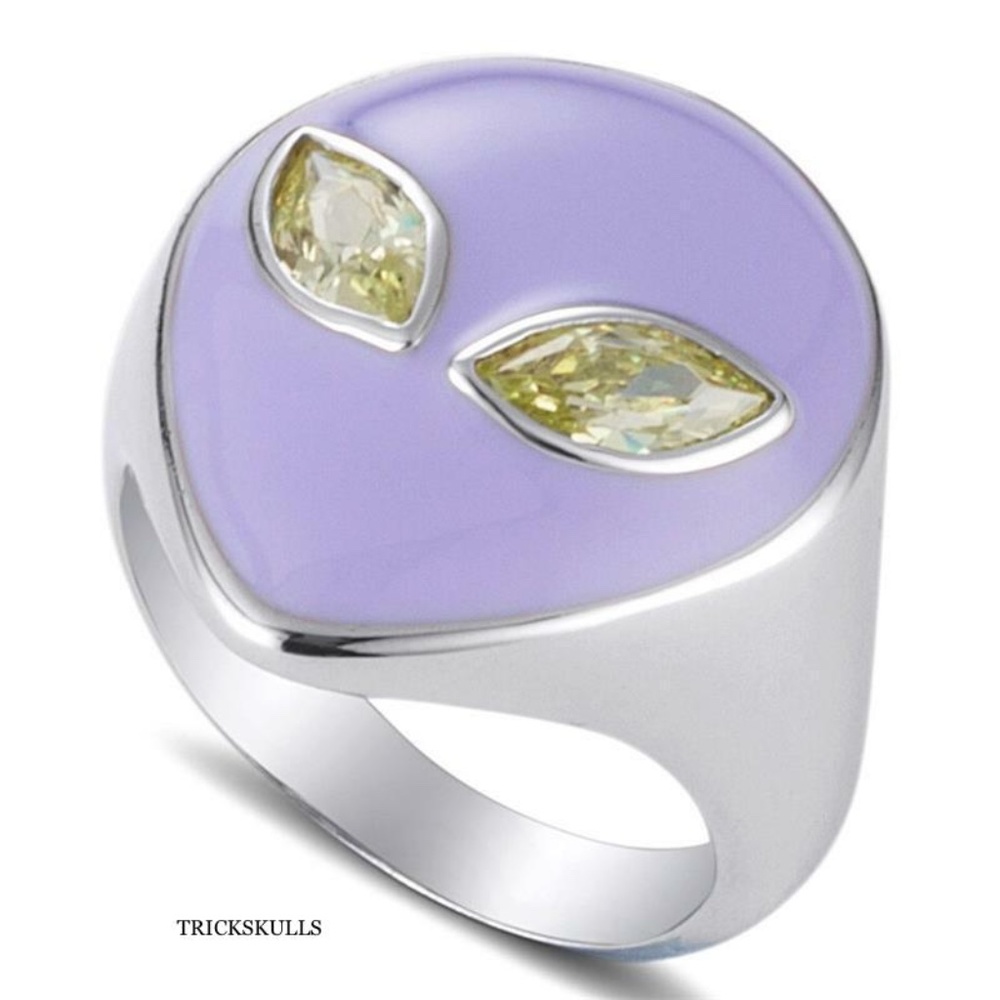 Silver Stainless Purple Enamel Space Alien w Blue Green Lab Sapphire Eyes NEW!
